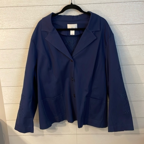 Susan Graver Womens Blue Floral Embroidered Cut Out Jacket Size 3X Cotton Blend - Picture 1 of 14